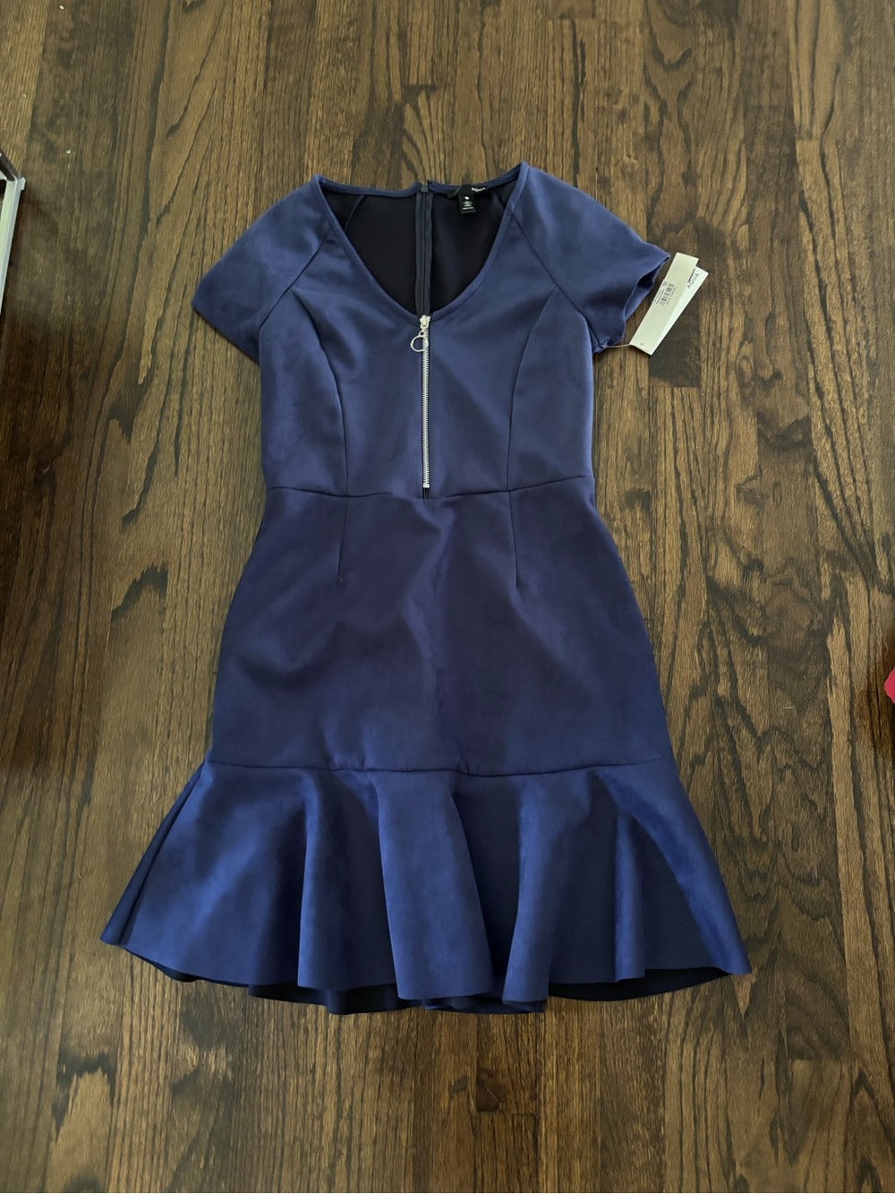 Aqua Navy Blue Zip-Front Ruffle-Hem Midi Dress